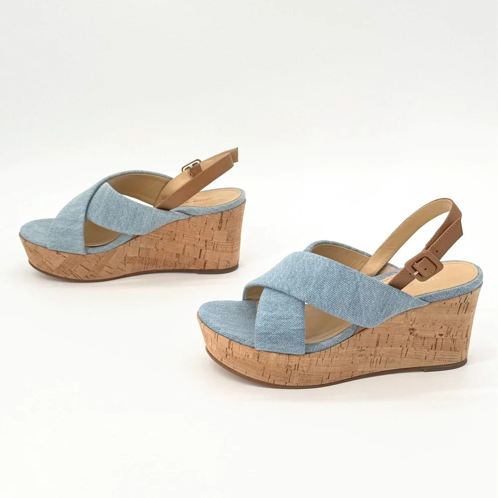 Marion Parke Maren Wedge Sandal Blue Denim Caramel Leather Cork IT 38 US 8